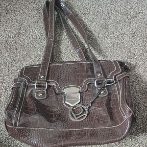 Liz Claiborne Dark Brown Croc-Embossed Shoulder Tote with Silver Accent